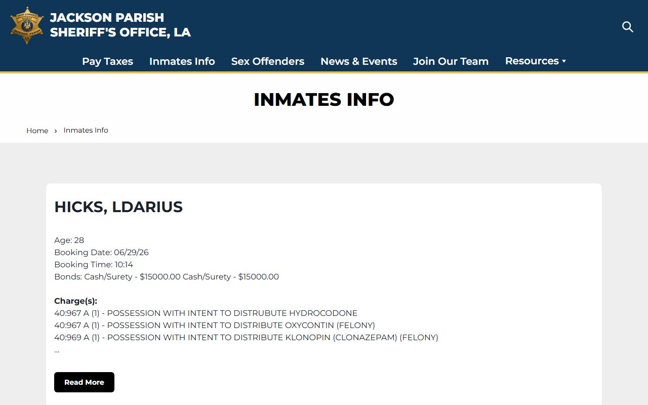Jackson Parish arrest records Sheriff inmate route and booking charge access