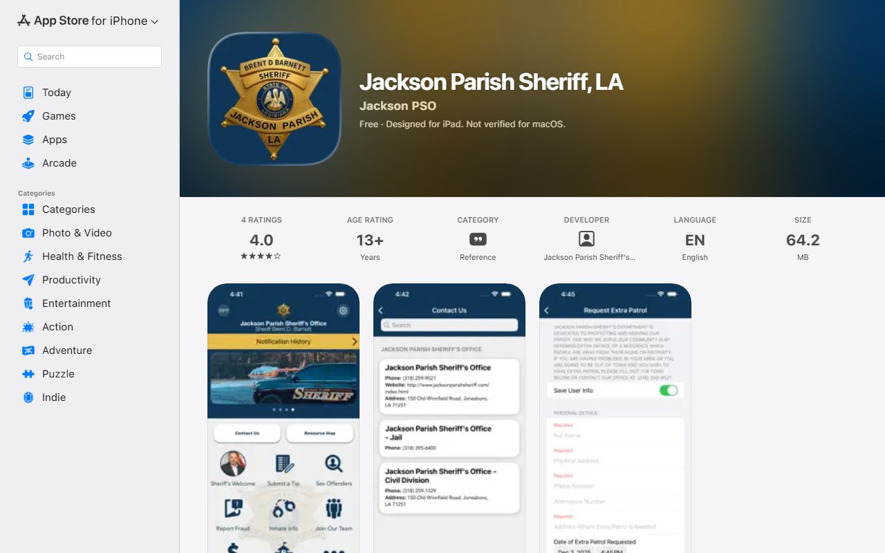 Jackson Parish County inmate records Sheriff iOS app listing